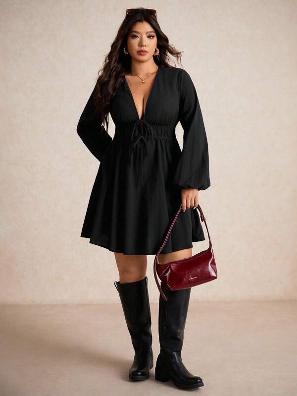 Elaquor Plus Size Solid Color Deep V-Neck Long Sleeve Tie Waist Dress