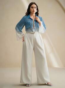 Anewsta 女士长袖渐变蓝色雪纺衬衫，优雅时尚 - 藍色 - 查看 5