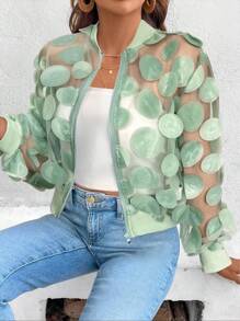 EMERY ROSE Solid Color 3D Mesh Sheer Long Sleeve Bomber Jacket Casual Outfits Spring Clothes For University Fall Winter Cloth For Women