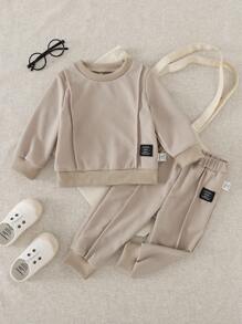 SHEIN 2pcs Baby Boy Toddler Newborn 0-3 Years Old Casual Everyday Waffle Knit Crew Neck Sweatshirt And Pants Set, Beige And Khaki Fall Winter - Khaki - View 1