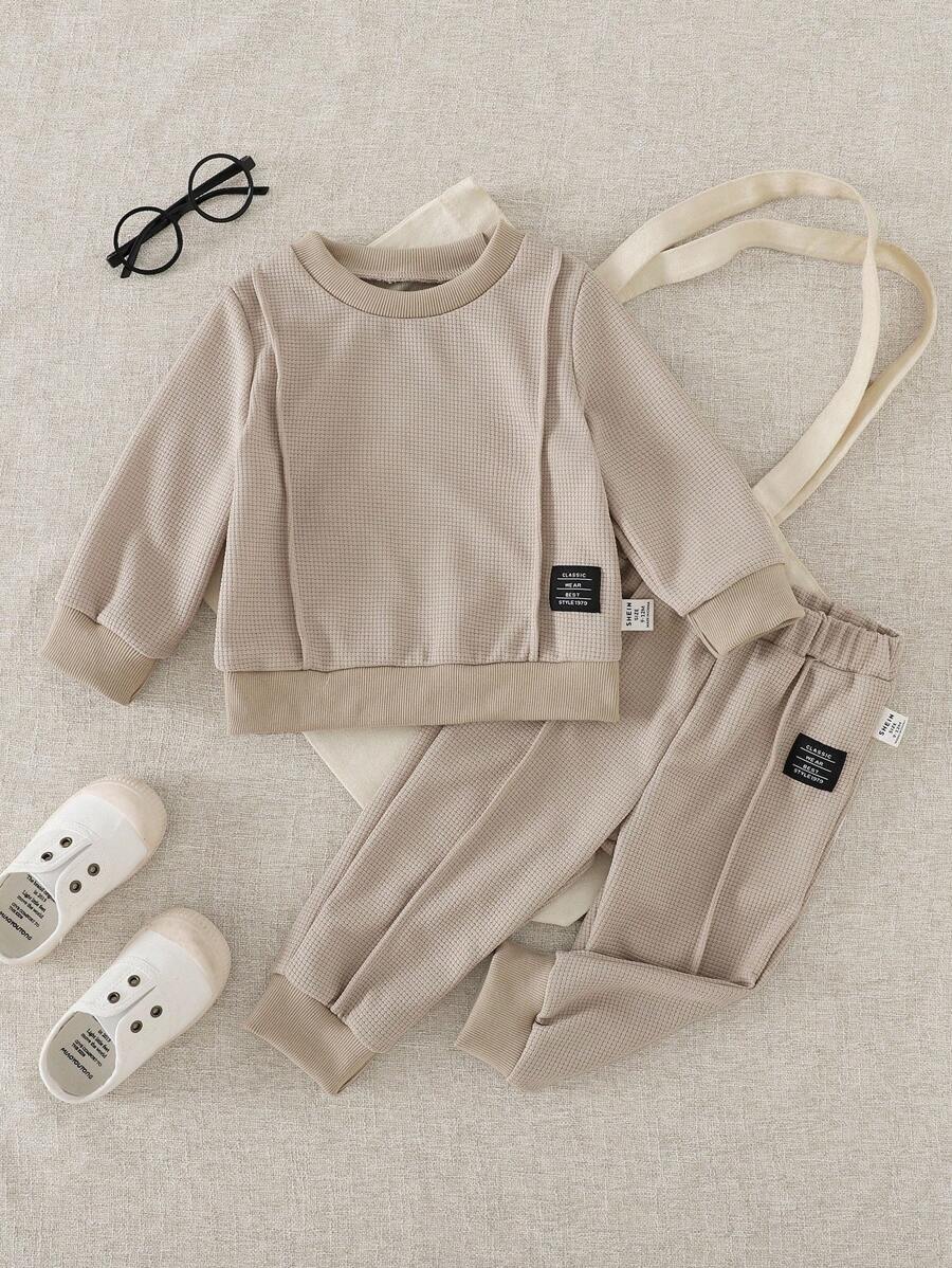 SHEIN 2pcs Baby Boy Toddler Newborn 0-3 Years Old Casual Everyday Waffle Knit Crew Neck Sweatshirt And Pants Set, Beige And Khaki Fall Winter - Khaki - View 1