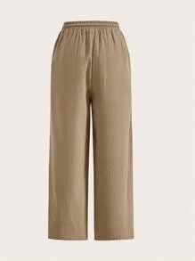 SHEIN EZwear Drawstring Waist Wide Leg Pants - Khaki - View 2