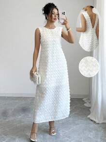 SHEIN Tall 女式优雅纯色流苏无袖连衣裙，夏季 - 白色 - 查看 1