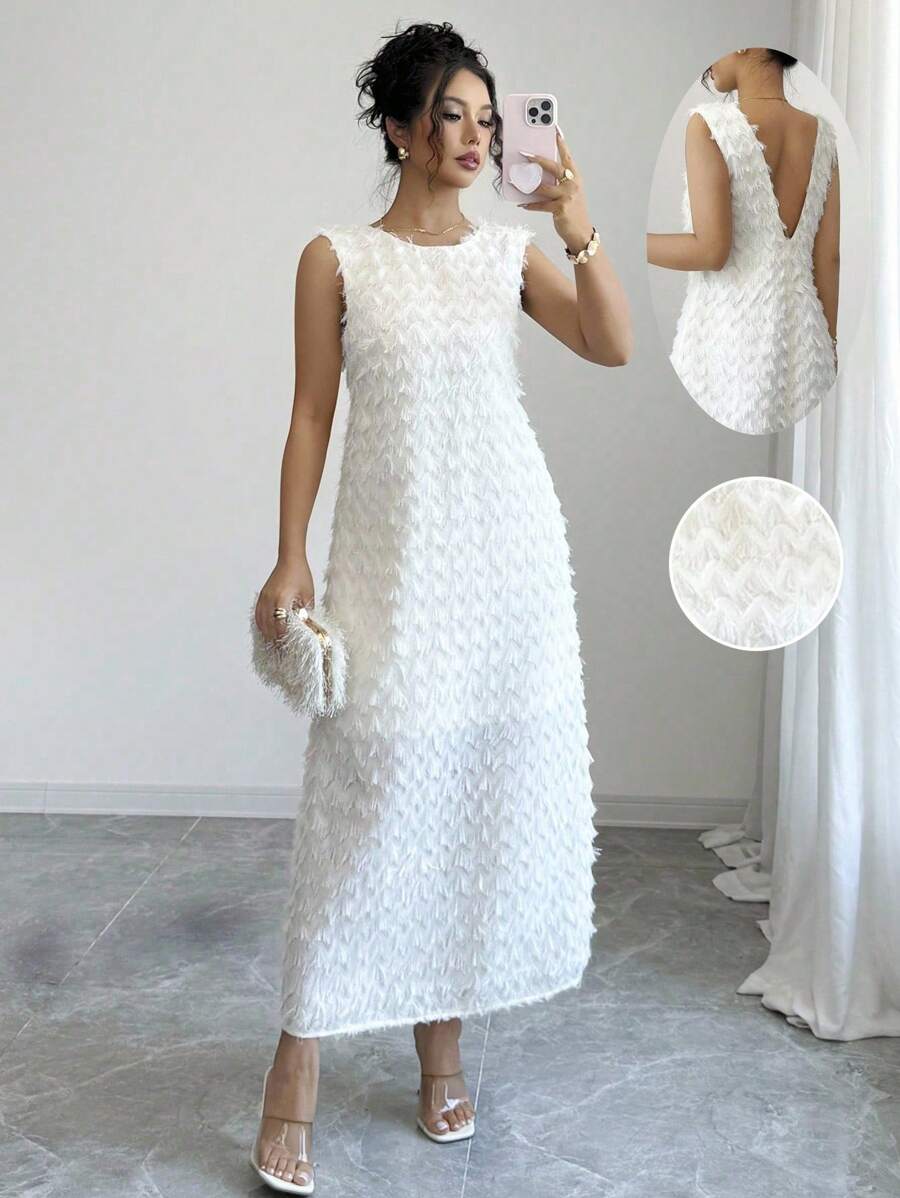 SHEIN Tall 女式优雅纯色流苏无袖连衣裙,夏季 - 白色 - 查看 1