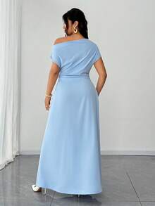 SHEIN PETITE CURVE Đầm thanh lịch thiết kế nhún eo cỡ lớn, vai chéo - Màu xanh lam - Xem 5