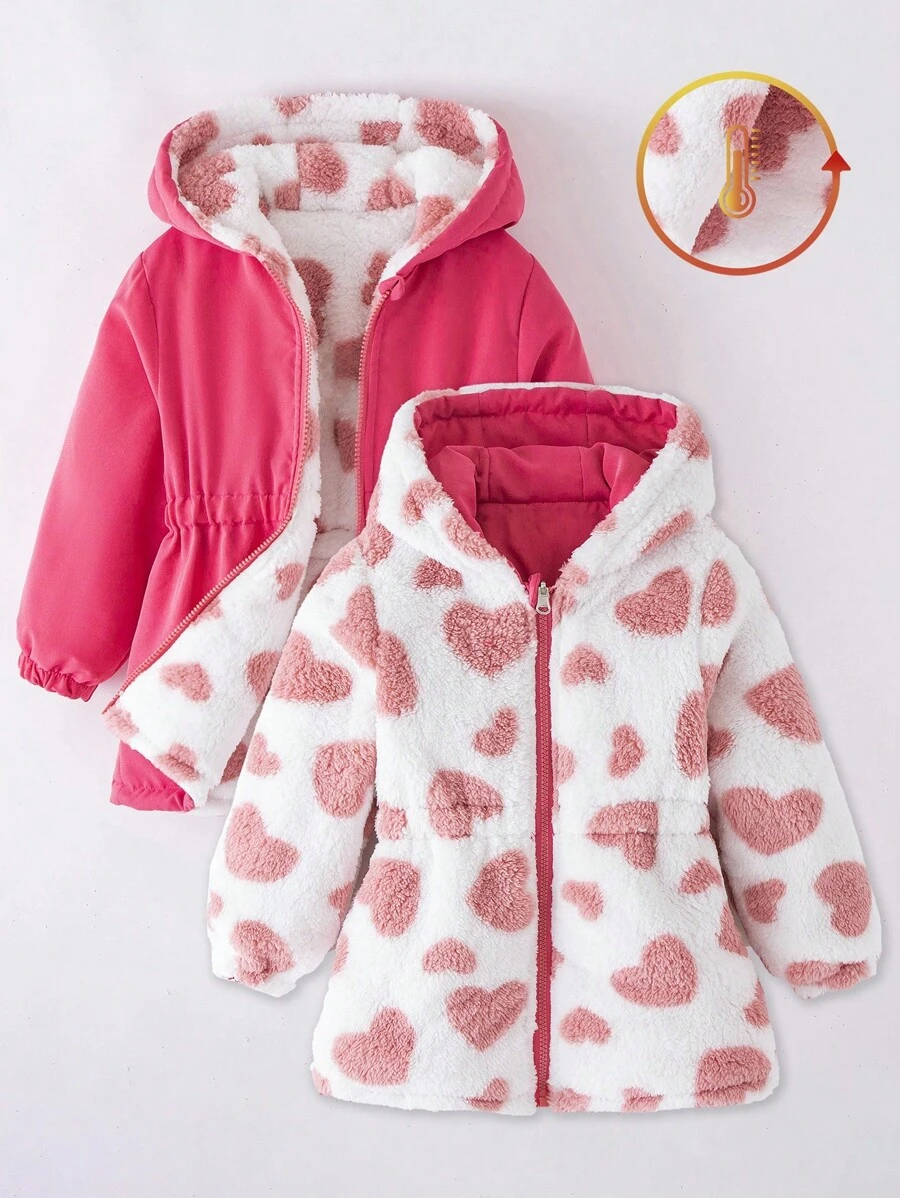 女童冬季双面连帽羽绒服，爱心印花，厚棉内衬，腰部收紧，可爱甜美，适合女宝宝冬季穿着。这款羽绒服采用粉色面料，适合秋季穿着。 - 玫紅色 - 查看 1