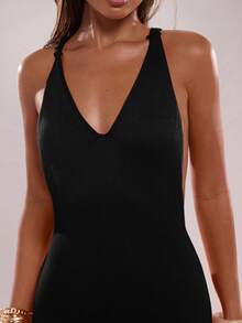 SHEIN BAE 女式纯色V领无袖开衩夏季露背镂空连衣裙 - 黑色 - 查看 6