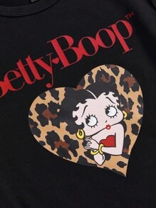 Betty Boop | ROMWE Women's Letter & Cartoon Figure Graphic Tight Cropped Round Neck Short Sleeve T-Shirt - Black - View 4