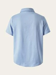 SHEIN Explorewe 1pc Tween Boy Light Blue Shirt Oxford Letter Print Short Sleeves Small Lapels Casual School Back-To-School Summer Street Spring Autumn Fit Shirt - Baby Blue - View 7