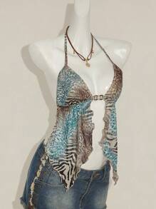 SHEIN ICON 女式豹纹不对称下摆无袖上衣，复古豹纹露背吊带背心 - 彩色 - 查看 7