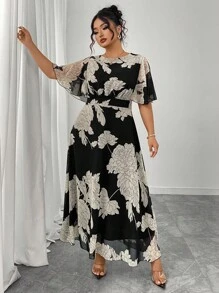 Modelyn 大码女式优雅圆领荷叶边喇叭袖合身飘逸长款雪纺连衣裙，春夏