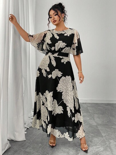 Modelyn Plus Size Women Elegant Round Neck Ruffle Flare Sleeve Fitted Flowy Maxi Chiffon Dress, Spring/Summer