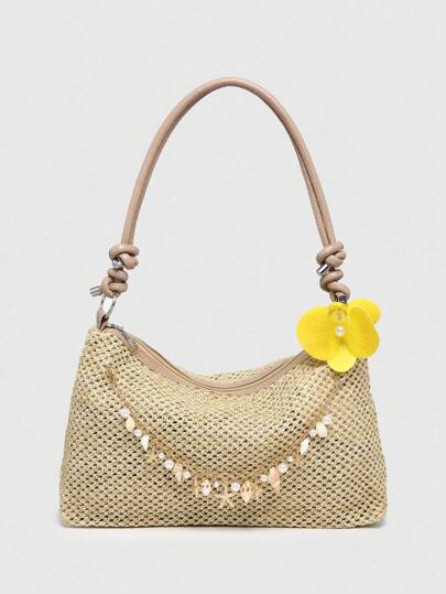 Fairycore Women's Floral Beach Straw Crossbody Bag Seashell Decor Casual Large Capacity Shoulder Bag, Suitable For Travel And Shopping