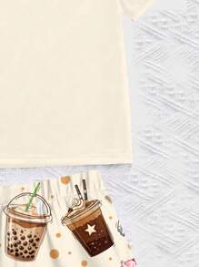 SHEIN Leap Crew Teen Girl Bubble Tea Print Casual Loose Simple Round Neck Short Sleeve Shorts Loungewear Set, Suitable For Spring & Summer - Multicolor - View 5