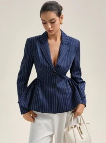 Revavyn 女式泡泡下摆翻领长袖条纹西装外套 - 藍色 - 查看 1