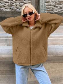 EURMUSE 女士休闲纯色常规夹克，秋冬 - 駝色 - 查看 5