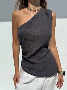 Aloruh 全新简约时尚办公室通勤不对称下摆无袖褶皱腰修身套头衫 - 灰色 - 查看 5