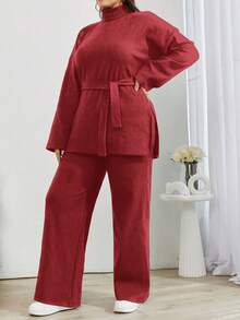 EURMUSE Solid Color Turtleneck Casual Sweater 2pcs/Set - Burgundy - View 6