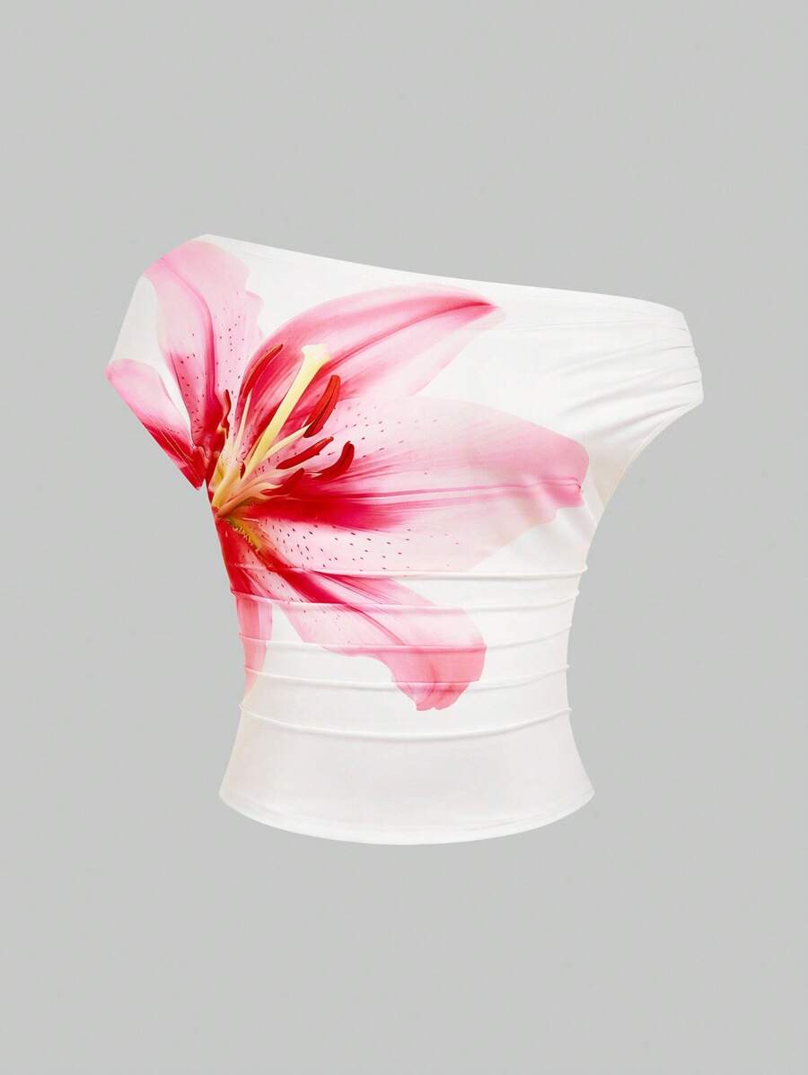 SHEIN CURVE+ Plus Size Women Elegant Floral Print Asymmetric Neck Ruffle Top - Multicolor - View 1