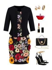 Ellevyn 2 件套：黑色修身中袖夹克 + 蕾丝无袖短款中长修身连衣裙，适合女士办公室装、女士工作服、女士商务休闲装 - 玫紅色 - 查看 4