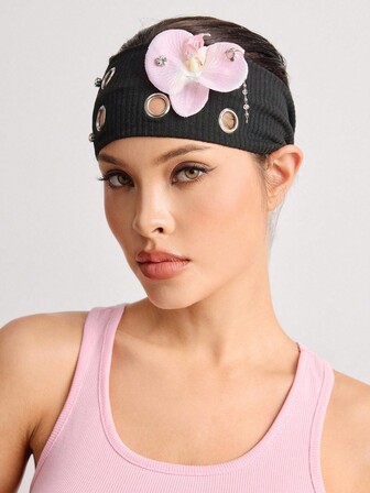 Grunge Punk 1 Stück Punk-Stil Cut Out Kette Haarband, Y2K Blumen Kristall elastisches Haarband in Rosa, vielseitiges Haaraccessoire