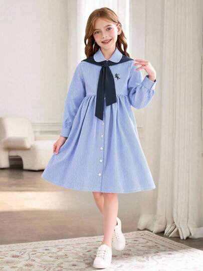 SHEIN Tween Girls Long Sleeve Striped Dress In Blue With Peter Pan Collar And Flared Hem Girls Shirt Dress Teen Girls Shirt Dress Girls Striped Shirt Dress Teen Collar Dress Fall Winter