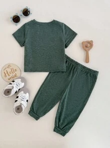 Bộ 2 món áo len cổ tròn tay ngắn và quần cạp chun màu xanh lá cây cho bé trai/bé gái mùa xuân/hè, chất liệu vải mềm mại và co giãn, thích hợp mặc khi đi chơi, đi nghỉ, đi học và ở nhà - Màu xanh Bạc hà - Xem 2