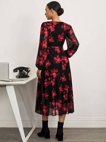 MaterniWear 办公室,商务休闲女装,秋装,秋装,孕妇装秋装孕妇装孕妇花卉印花重叠V领灯笼袖优雅连衣裙 - 黑色 - 查看 2