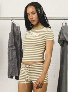 COUREZ Short Sleeve Stripe T-Shirt With Brand Applique /Y2K Women Cute Tops Going Out Graphic Tees Stripes - Green - View 4