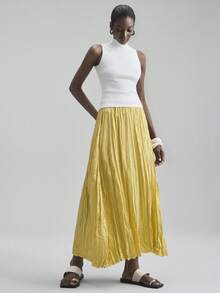 Ontre 女士纯色弹力腰褶裥长裙，简约时尚商务休闲风，适合音乐会、波西米亚海滩度假等场合 - 綠色 - 查看 6