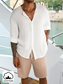 Manfinity Homme Camisa de manga larga básica de algodón holgada y pantalones cortos de color contrastante para hombres, conjunto de ropa de resort, crucero y vacaciones para hombres - Multicolor - Ver 1