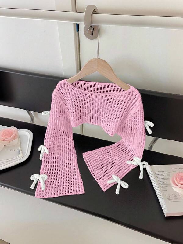 SHEIN 女童米色套头毛衣，可爱休闲时尚3D粉色蝴蝶结针织开衫