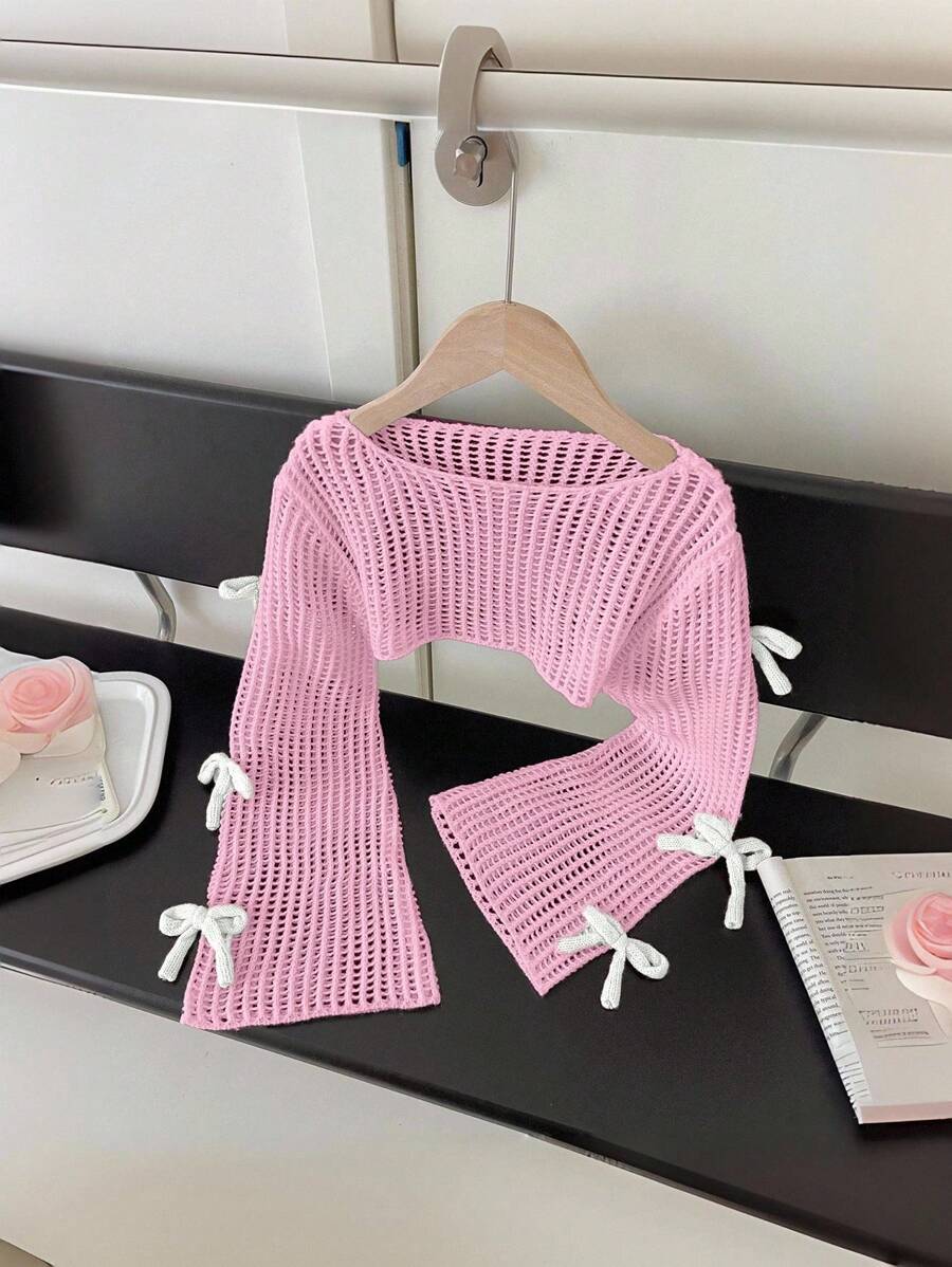 SHEIN 女童米色套头毛衣，可爱休闲时尚3D粉色蝴蝶结针织开衫 - 粉色 - 查看 1