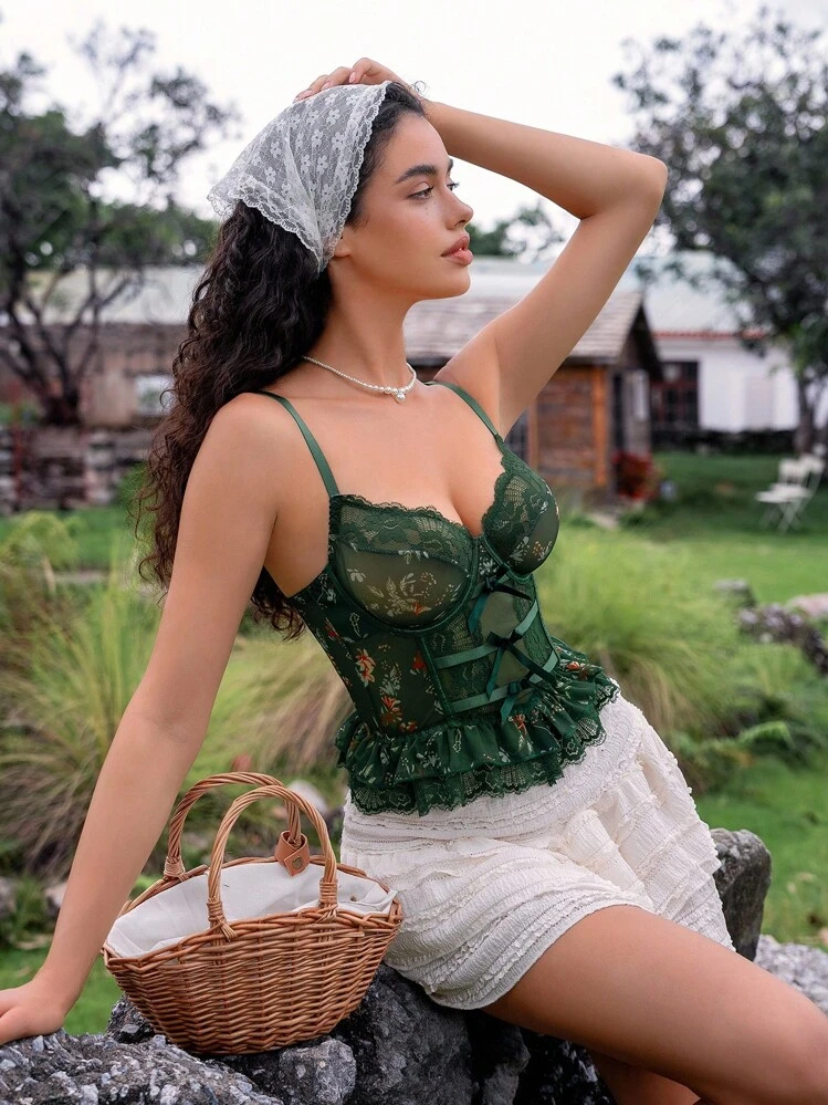 SHEIN 1 قطعة حمالة صدر نسائية مثيرة مطبوعة بتداخل الشبك والدانتيل مع سلك داخلي، للخروج - أخضر داكن - مشاهدة 1