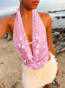 Opulessa 女式纯色亮片面料垂坠领衬衫 - 粉色 - 查看 1