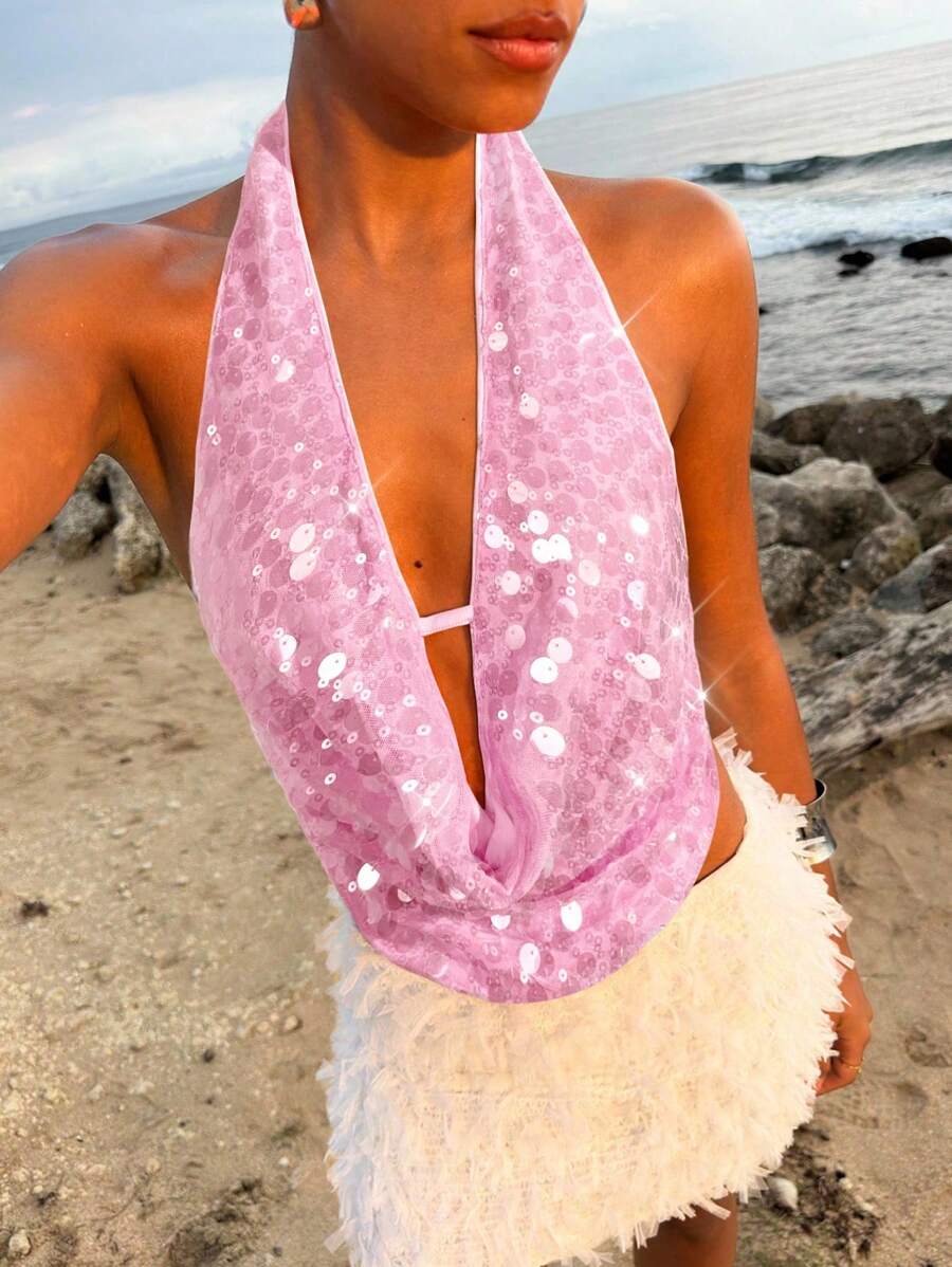 Opulessa 女式纯色亮片面料垂坠领衬衫 - 粉色 - 查看 1