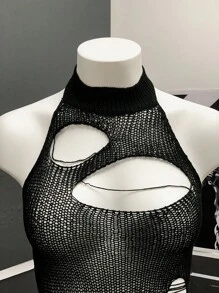 StreetHx 女士街头风纯黑色镂空钩针无袖针织上衣 - 黑色 - 查看 4