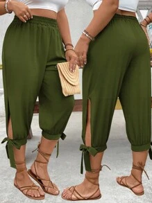 EMERY ROSE Pantalones de talle alto con cordón, talla grande, primavera/verano - Verde militar - Ver 1