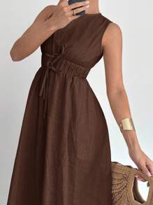 Siren Gaze Váy dài vải lanh dáng chữ A không tay dành cho nữ, Xuân/Hè - màu nâu - Xem 6