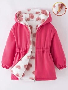 女童冬季双面连帽羽绒服，爱心印花，厚棉内衬，腰部收紧，可爱甜美，适合女宝宝冬季穿着。这款羽绒服采用粉色面料，适合秋季穿着。 - 玫紅色 - 查看 3
