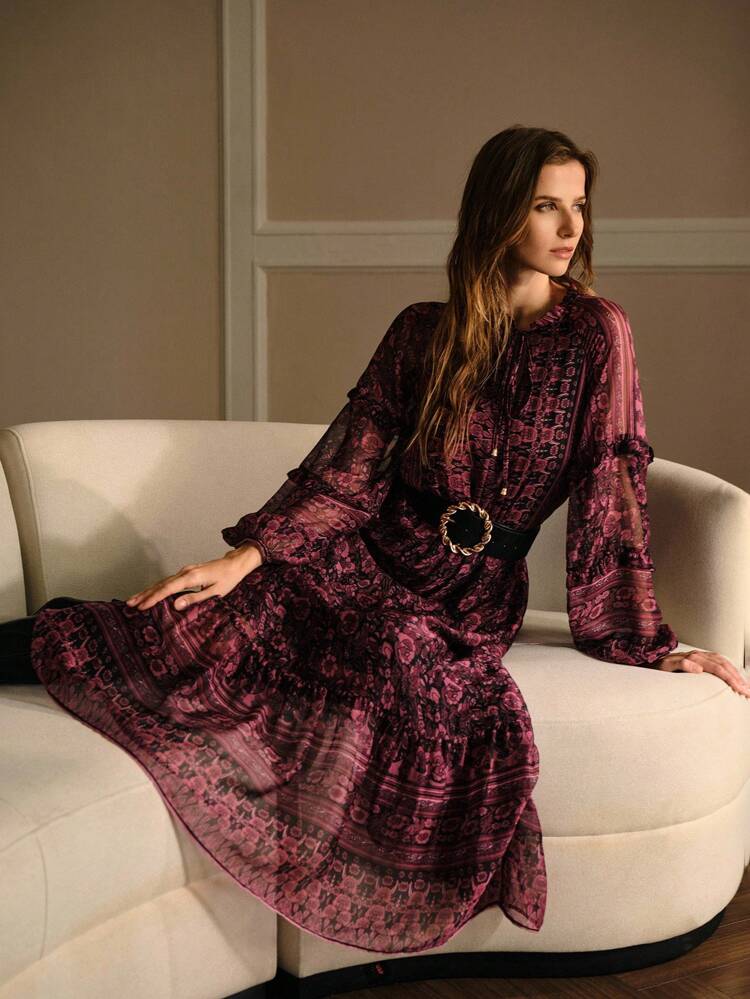 CHIFFON ALLOVER FLORAL PRINT FRILL TRIM TIE NECK LANTERN SLEEVE RUFFLE HEM DRESS