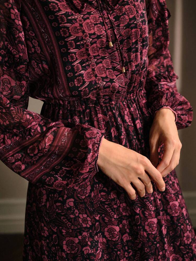 CHIFFON ALLOVER FLORAL PRINT FRILL TRIM TIE NECK LANTERN SLEEVE RUFFLE HEM DRESS
