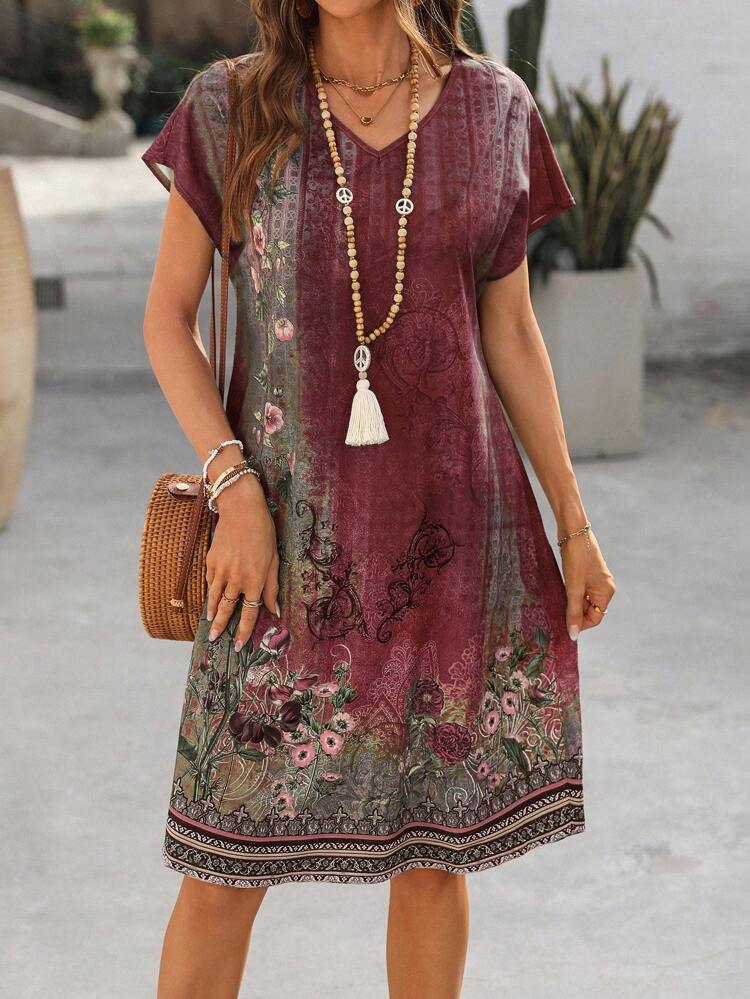 Plus Size Women Country Casual Vacation Vintage Style Floral Print V-Neck Short Sleeve Dress,Summer Holiday,Vacation Outfits Women,Simple And Fashionable For Everyday Wear,Vacay Vibes,Springbreak,Casual Wear SS,Bohemia,Summer Dresses For Women,Dresses Casual,Going Out Outfits,2025 New Clothes,Fall Women Clothes