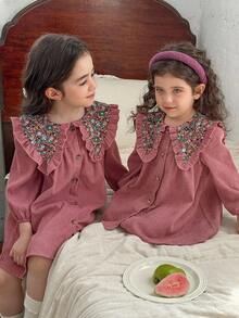 LMoss Kids 女婴梭织花卉拼布彼得潘领休闲连衣裙 - 粉色 - 查看 7