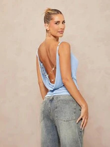 Lumalex Top de mujer con escote pronunciado, espalda descubierta y decoración de cadena metálica en la cintura