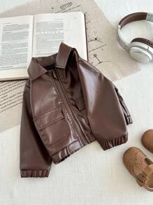 SHEIN 男婴幼儿新生儿 0-3 岁休闲日常时尚街头 PU 皮革摩托车夹克，适合男婴的酷炫外套，秋冬 - 棕色 - 查看 7