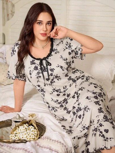 CottageSlumber Cute Ruffled Floral Lace Trim Casual Nightgown For Women