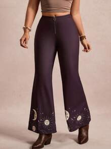 SHEIN VCAY Plus Size Dark Purple Crescent Moon & Sun Print Flare Pants,Autumn Rock And Roll Rave Boho Bell Bottoms Western Wear Women Casual Celestial Jeans - Black - View 6