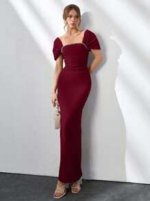 Elegant Style, Square Neck With Faux Diamond Detailed Long Black Dress - Burgundy - View 3