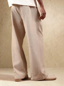 SUMWON Pantalones anchos de pierna con textura de lino, cómodos y de ajuste relajado con cordón, ropa casual de resort, transpirables de fibra natural para verano, primavera y otoño - Albaricoque - Ver 2